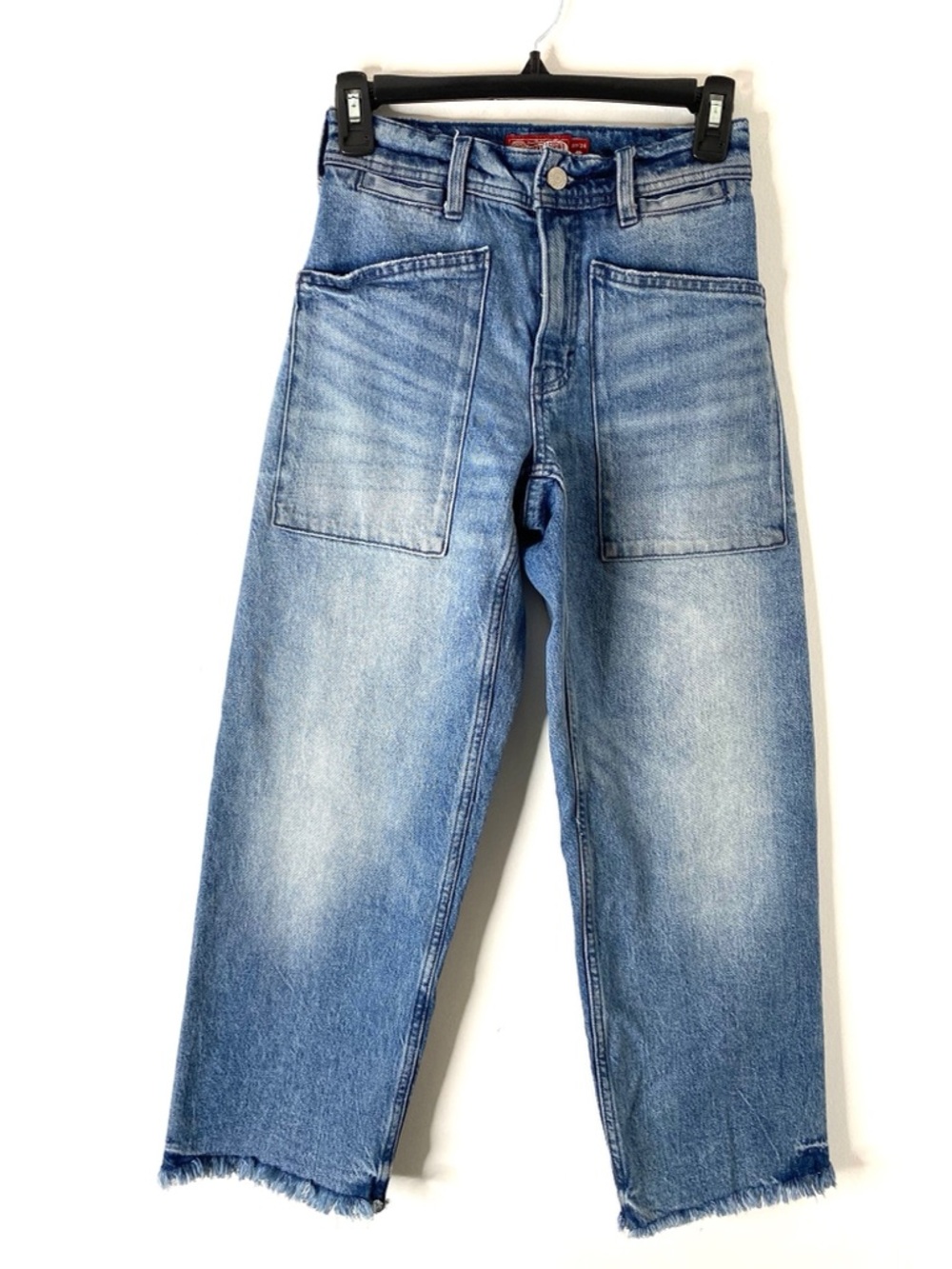 Lucky Brand Lucky Legend High Rise Wide Leg Jeans Raw Hem Patch Pocket Vintage